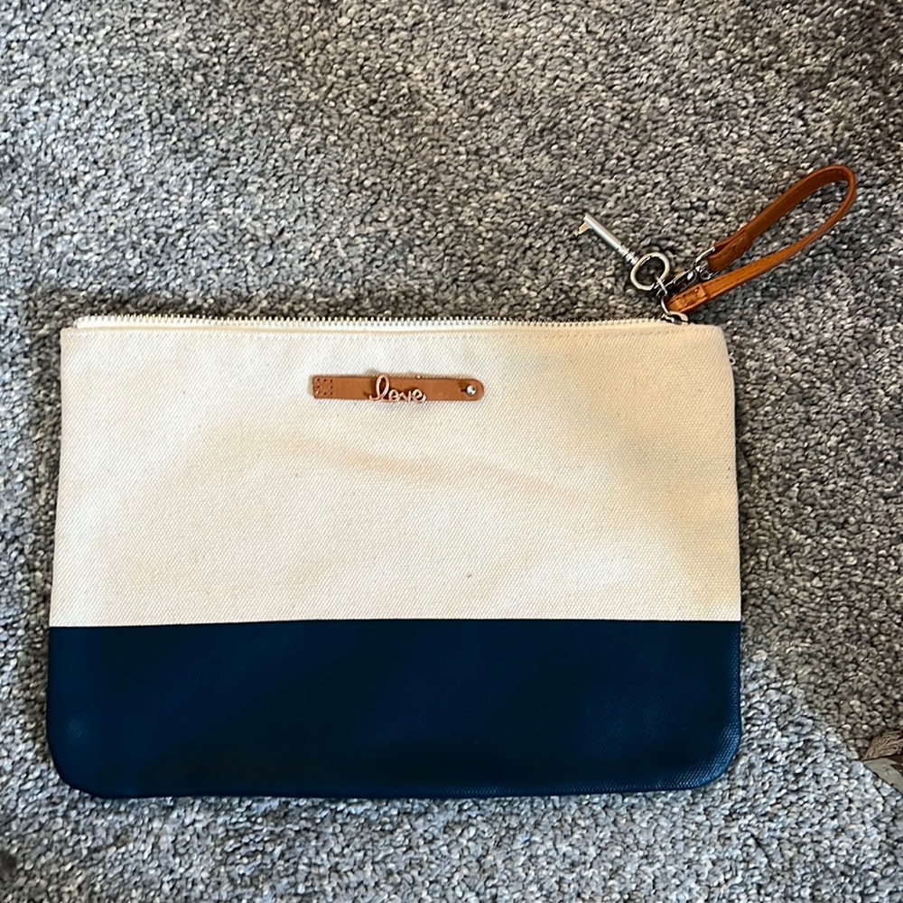 Navy Natural Wristlet Pouch with “love” charm